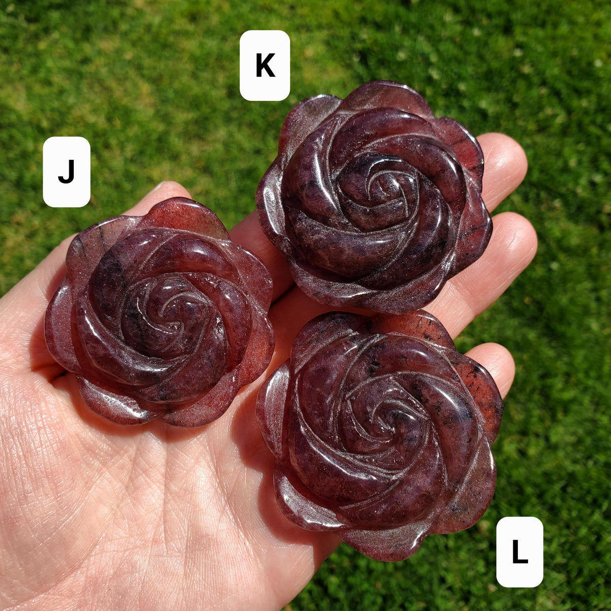 Small Strawberry Quartz Rose with Tourmaline Inclusions - Universal Love, Gratitude, Generosity, Compassion - Tanzberry Flower Carving