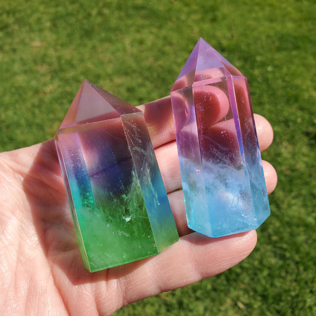 Triple Aura Quartz Towers - Counteracts Negative, Energizes Positive Energy - Pink Blue Green Rainbow Crystal Point Healing Gemstone