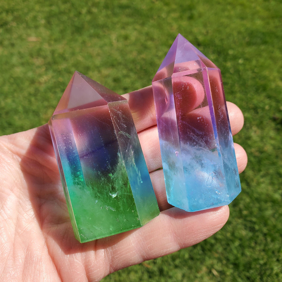 Triple Aura Quartz Towers - Counteracts Negative, Energizes Positive Energy - Pink Blue Green Rainbow Crystal Point Healing Gemstone