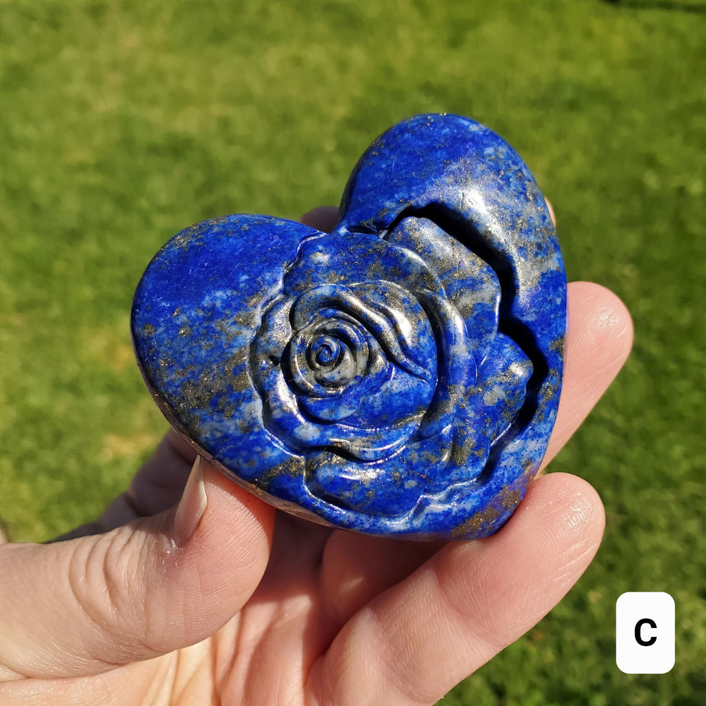 Lapis Lazuli Heart with Rose Carved Inside - Speak Your Truth, Communication, Personal Power - Crystal Heart Healing Gemstone