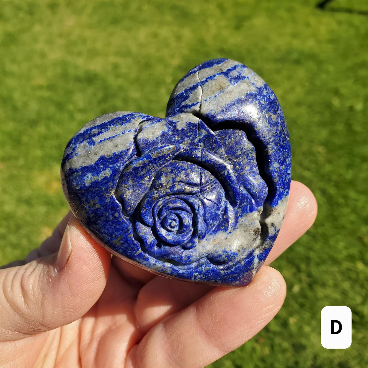 Lapis Lazuli Heart with Rose Carved Inside - Speak Your Truth, Communication, Personal Power - Crystal Heart Healing Gemstone