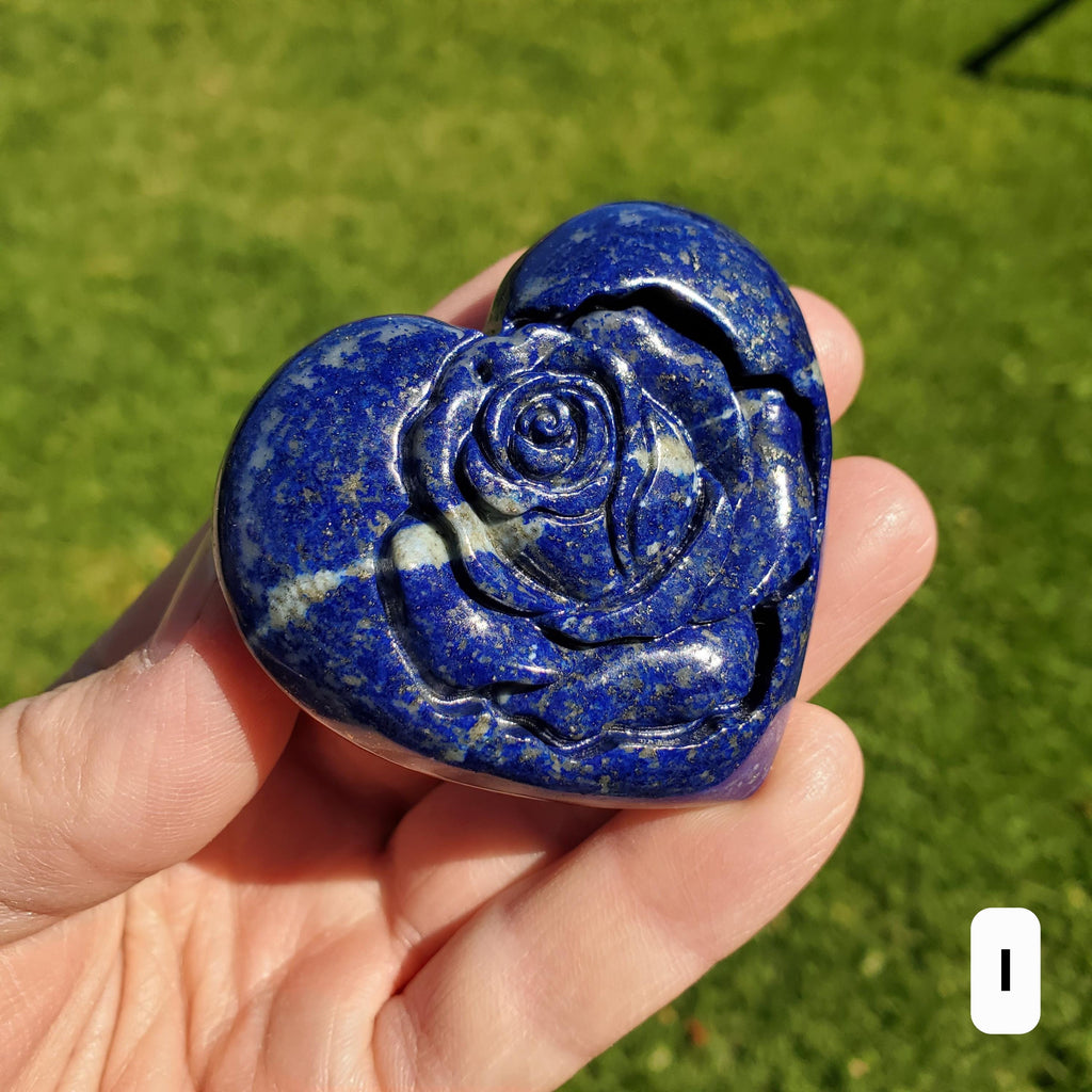 Lapis Lazuli Heart with Rose Carved Inside - Speak Your Truth, Communication, Personal Power - Crystal Heart Healing Gemstone