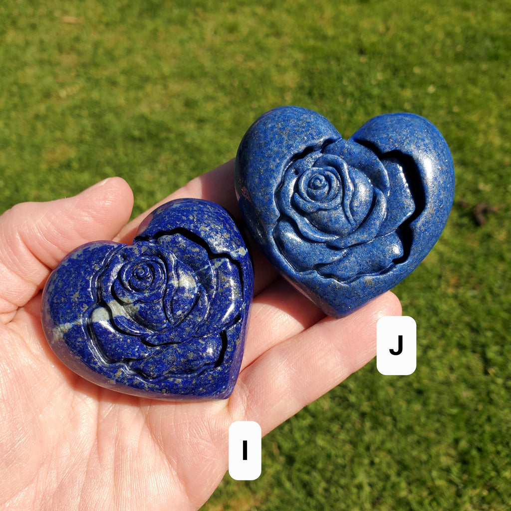 Lapis Lazuli Heart with Rose Carved Inside - Speak Your Truth, Communication, Personal Power - Crystal Heart Healing Gemstone