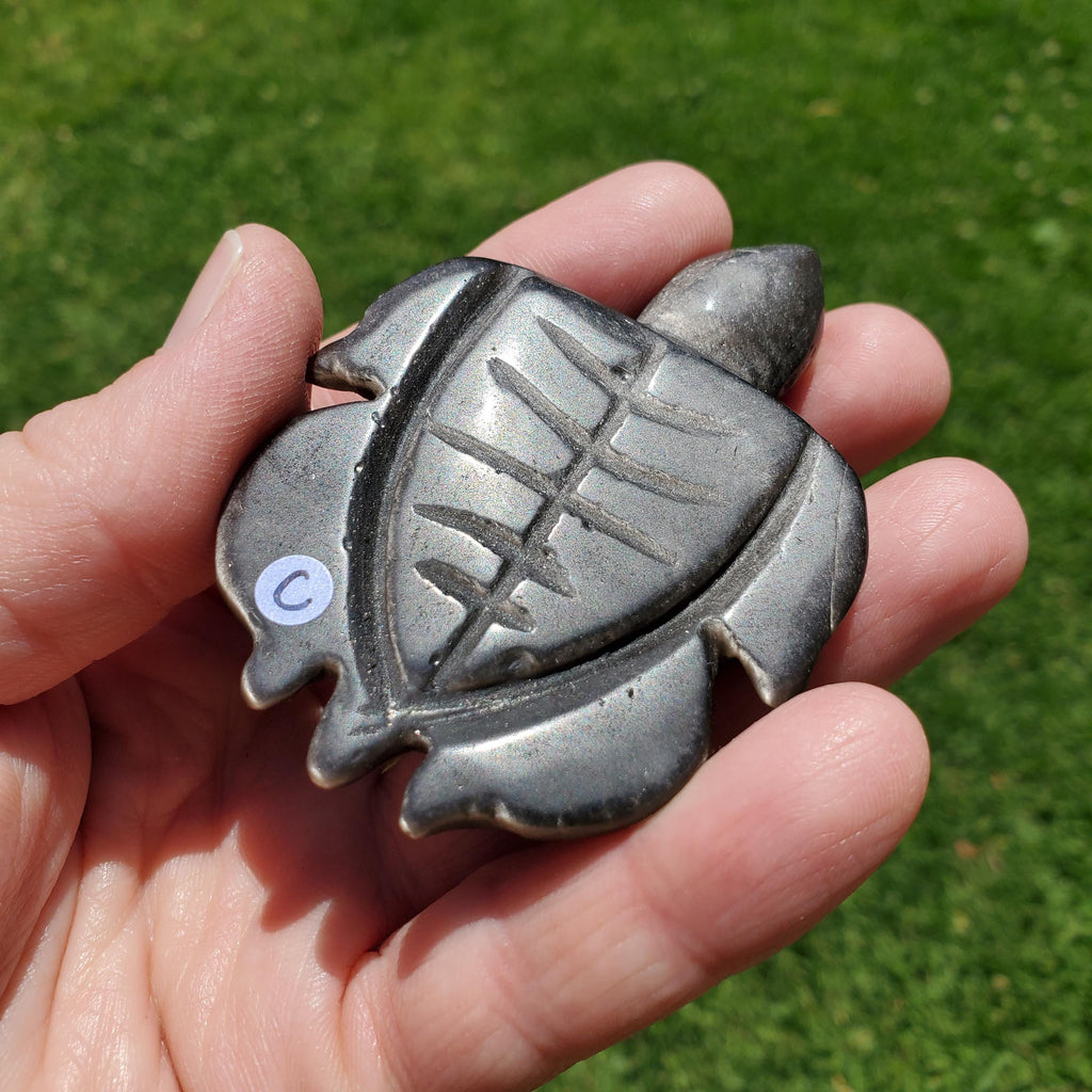 Cute Gold Sheen & Silver Sheen Obsidian Turtle - Self Reflection, Release Negative Energies - Flashy Obsidian Tortoise Carving Crystal