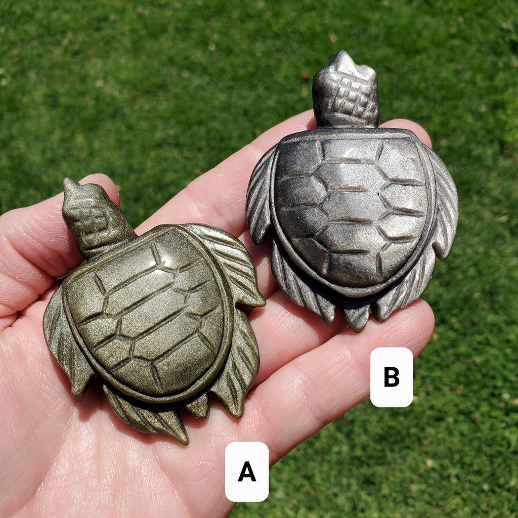 Cute Gold Sheen & Silver Sheen Obsidian Turtle - Self Reflection, Release Negative Energies - Flashy Obsidian Tortoise Carving Crystal