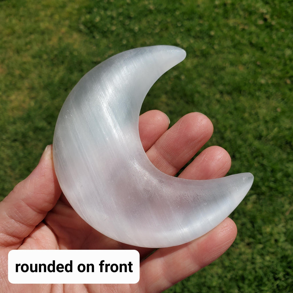 Selenite Moon on Stand - Tranquility, Blessings, Love & Light - Satin Spar Lunar Crystal Display Healing Gemstones