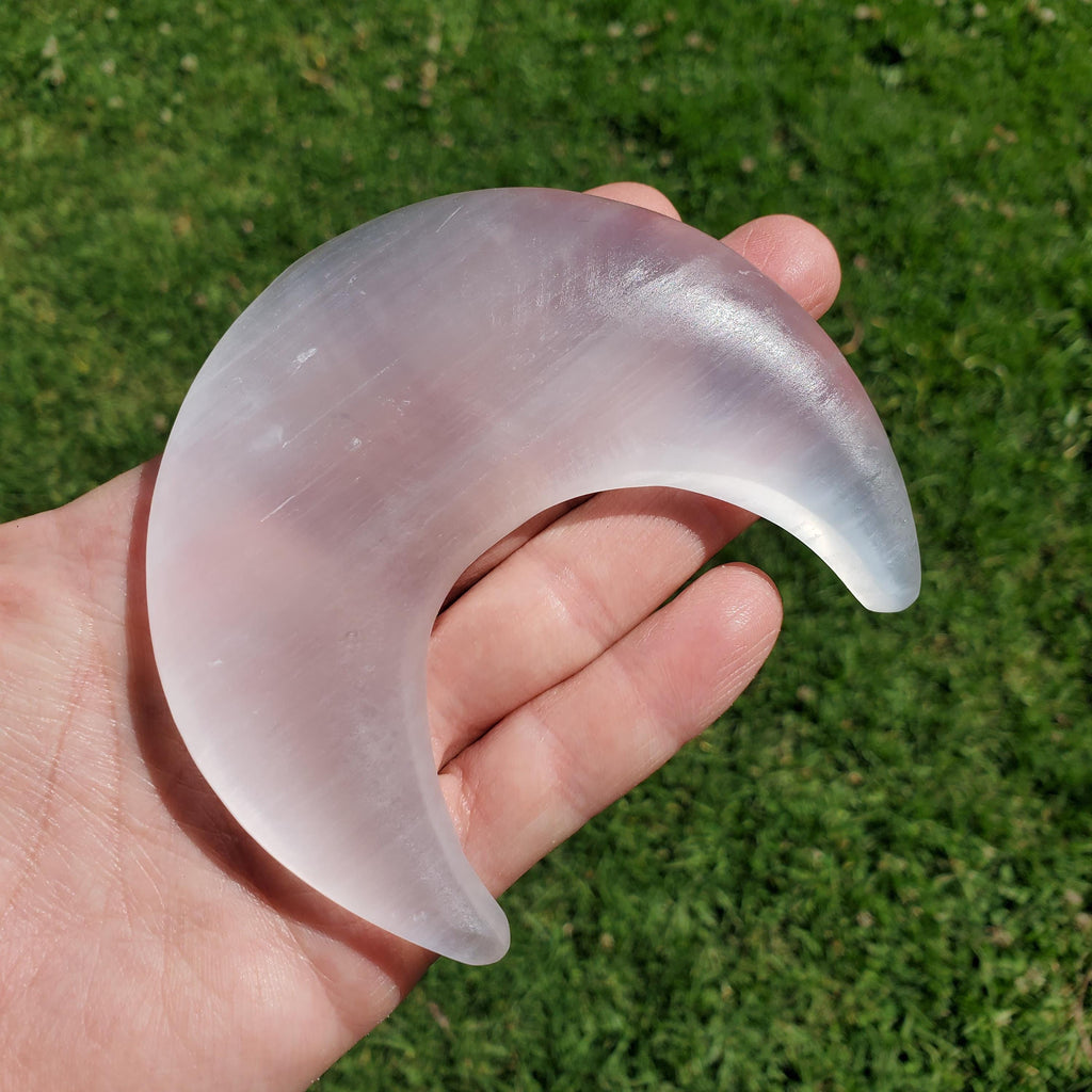 Selenite Moon on Stand - Tranquility, Blessings, Love & Light - Satin Spar Lunar Crystal Display Healing Gemstones