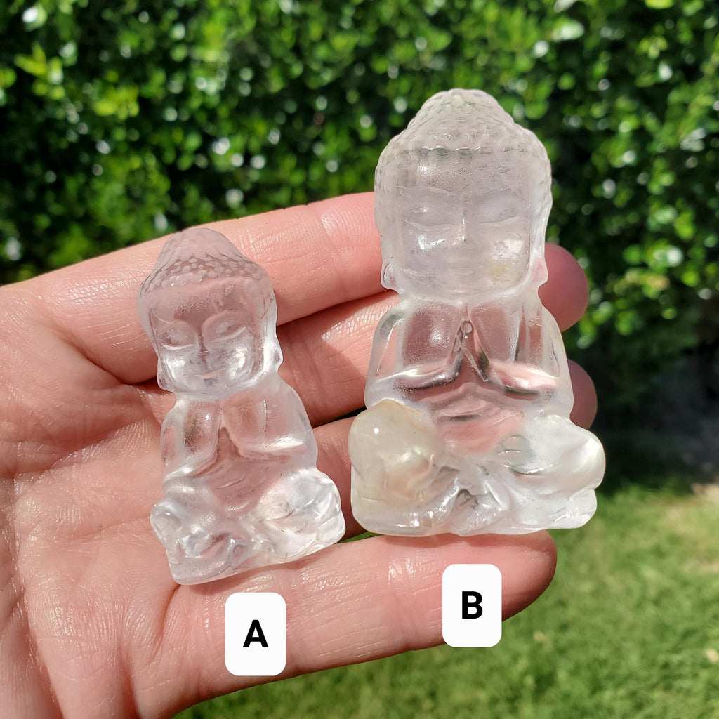 Clear Quartz Buddha 1.95" to 2.60" tall - Counteracts Negative, Energizes Positive Energy - Carved Buddha Stone Healing Crystals Gemstones