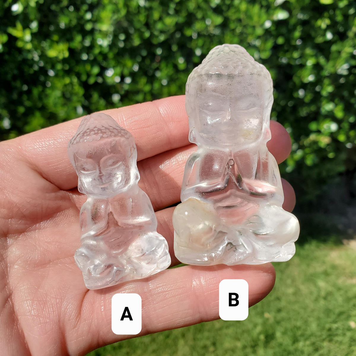 Clear Quartz Buddha 1.95" to 2.60" tall - Counteracts Negative, Energizes Positive Energy - Carved Buddha Stone Healing Crystals Gemstones