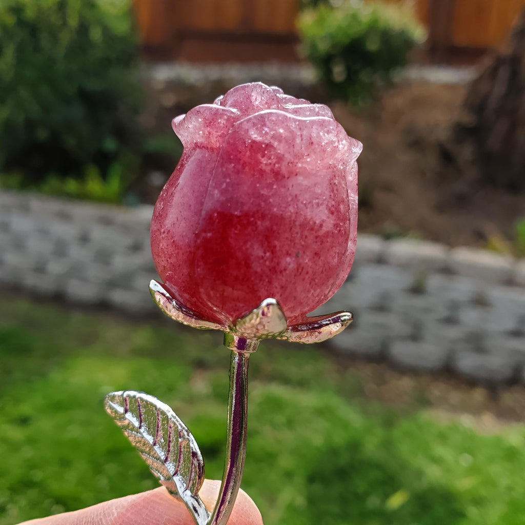 Small Strawberry Quartz Rose on Metal Stem - Universal Love, Gratitude, Generosity, Compassion - 6" Long Tanzberry Flower