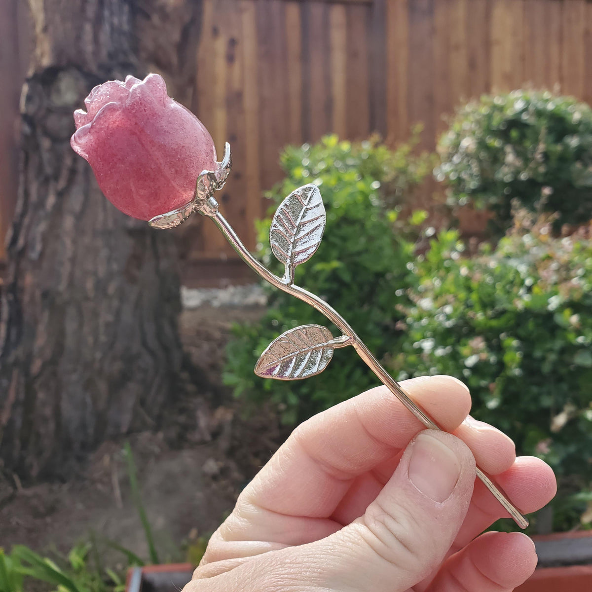 Small Strawberry Quartz Rose on Metal Stem - Universal Love, Gratitude, Generosity, Compassion - 6" Long Tanzberry Flower
