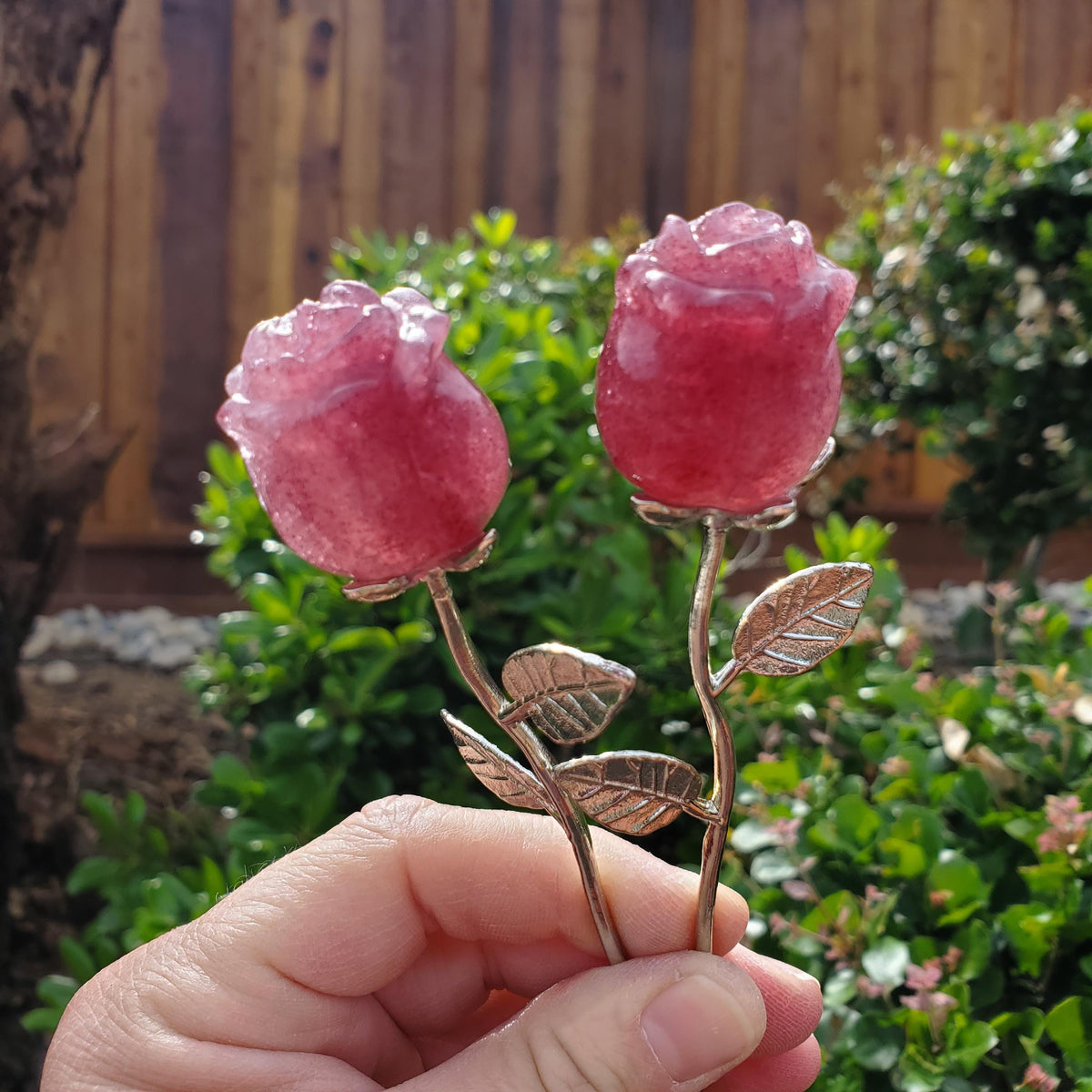 Small Strawberry Quartz Rose on Metal Stem - Universal Love, Gratitude, Generosity, Compassion - 6" Long Tanzberry Flower