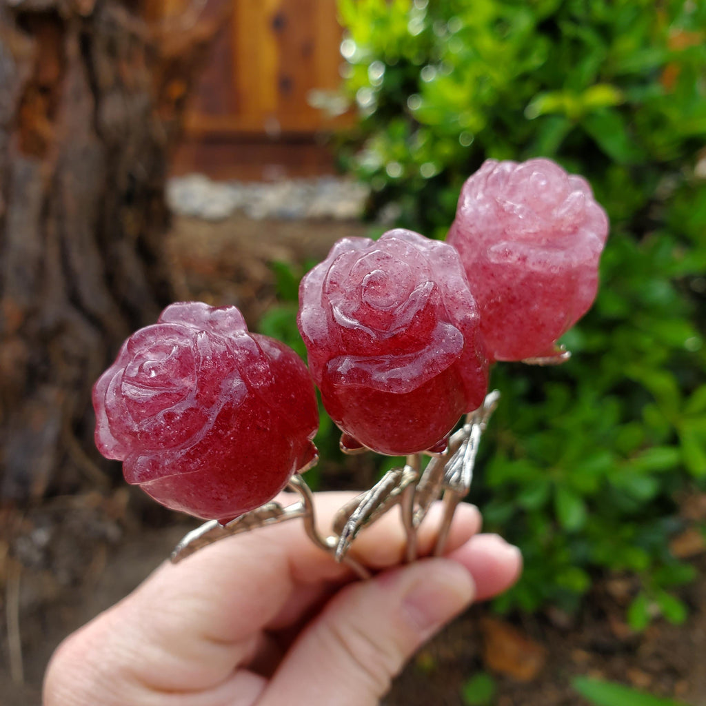 Small Strawberry Quartz Rose on Metal Stem - Universal Love, Gratitude, Generosity, Compassion - 6" Long Tanzberry Flower