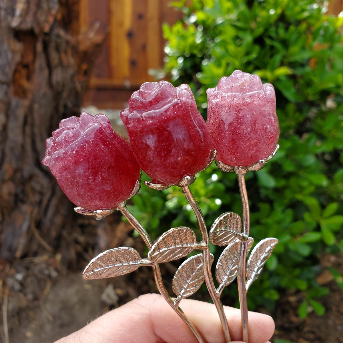 Small Strawberry Quartz Rose on Metal Stem - Universal Love, Gratitude, Generosity, Compassion - 6" Long Tanzberry Flower