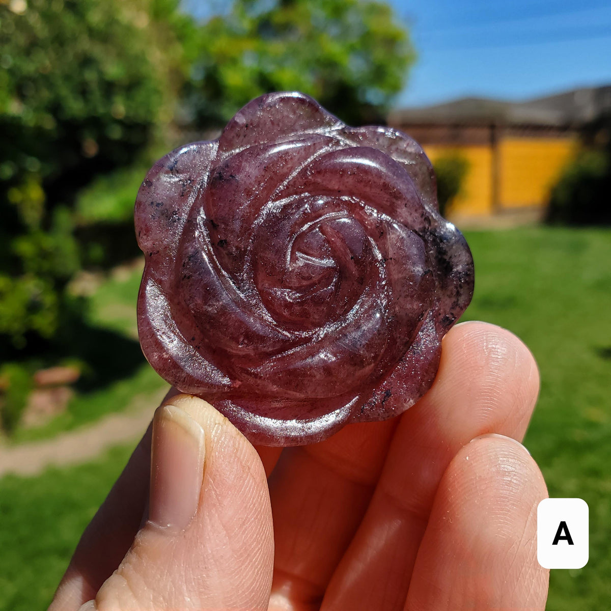 Small Strawberry Quartz Rose with Tourmaline Inclusions - Universal Love, Gratitude, Generosity, Compassion - Tanzberry Flower Carving
