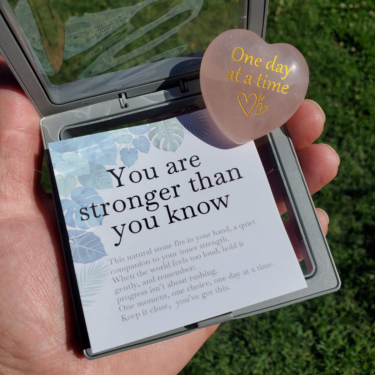 Rose Quartz Heart in Display Box + Motivational Note - "One Day at a Time" Pink Heart Crystal Gift - Unconditional Love & Compassion