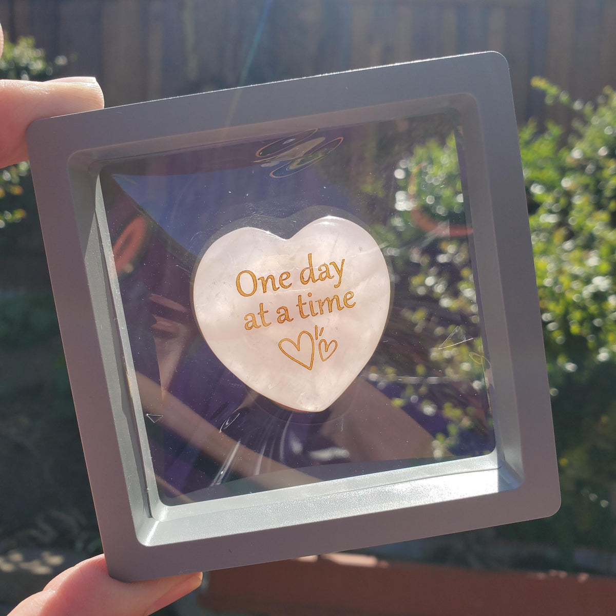 Rose Quartz Heart in Display Box + Motivational Note - "One Day at a Time" Pink Heart Crystal Gift - Unconditional Love & Compassion