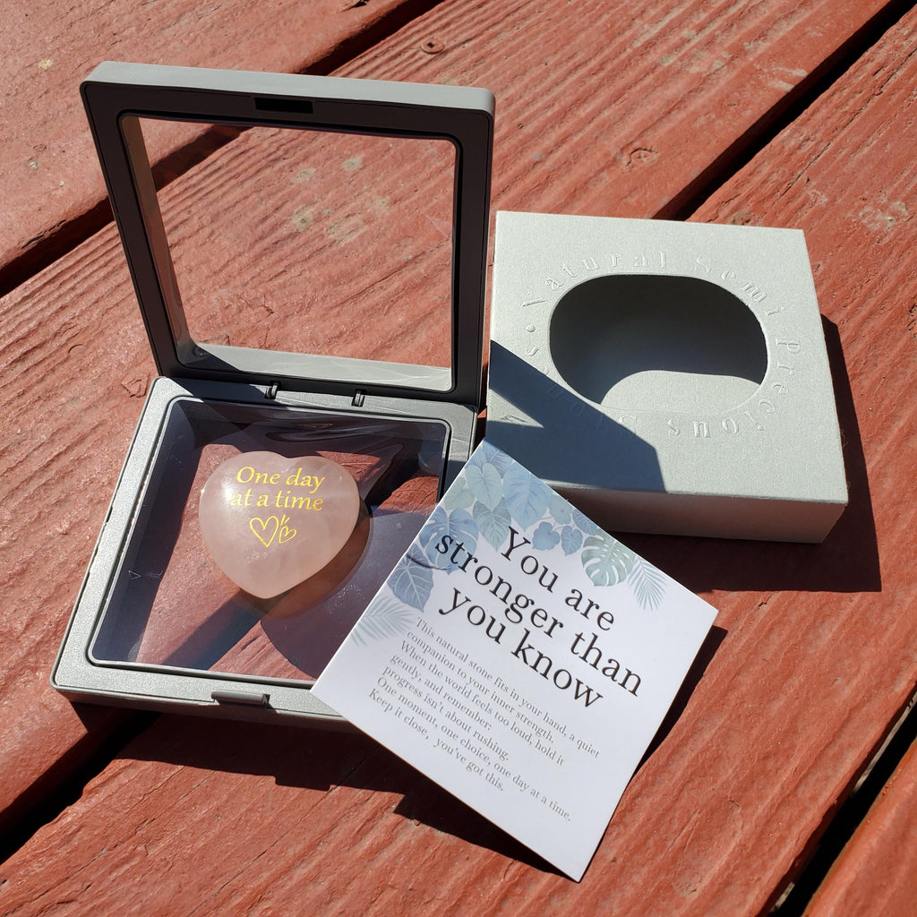 Rose Quartz Heart in Display Box + Motivational Note - "One Day at a Time" Pink Heart Crystal Gift - Unconditional Love & Compassion