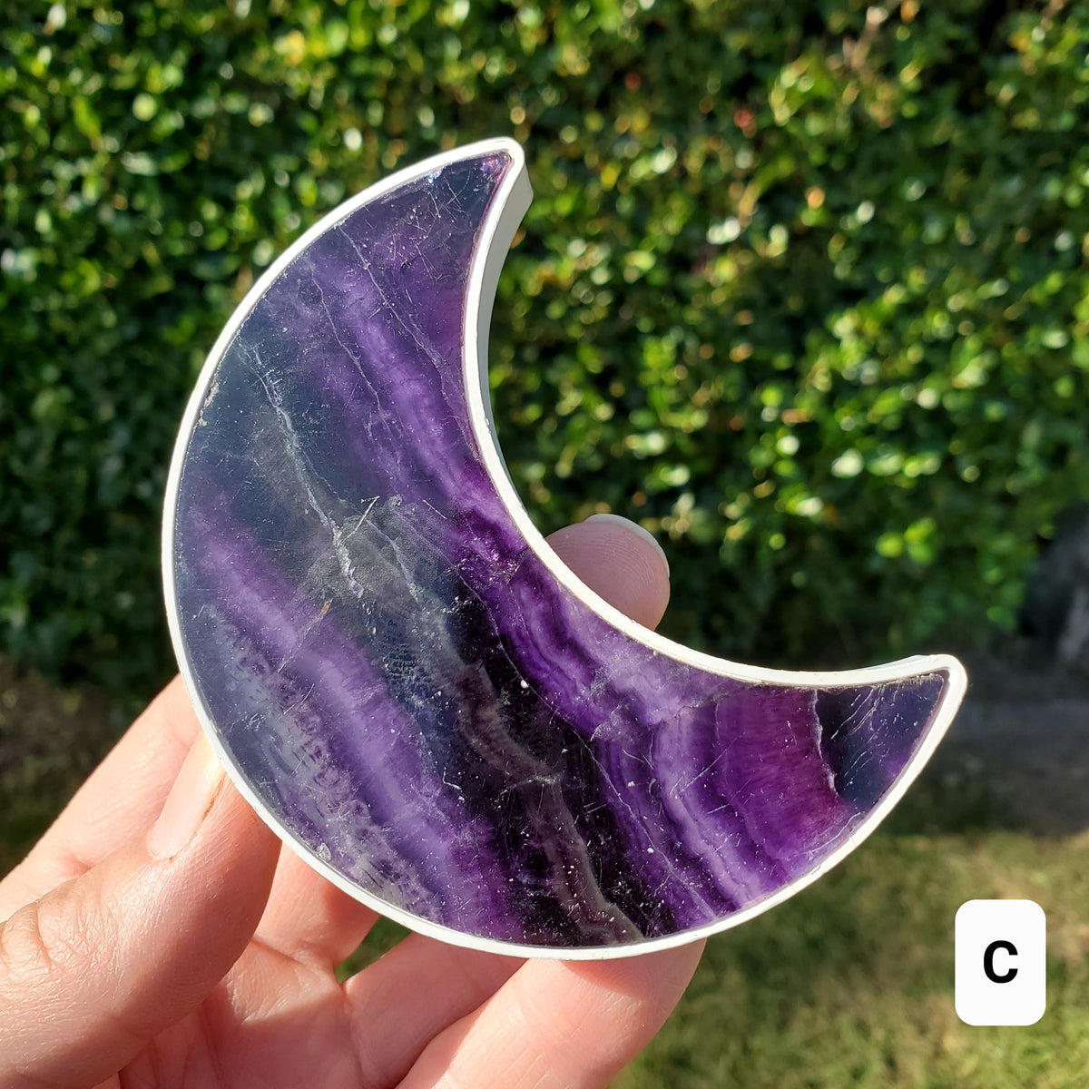 Rainbow Fluorite Moon Plug-In Light - Mental Clarity, Stability, Energetic Protection - Purple Crystal Moon Room Decor Accent