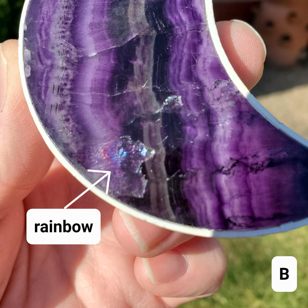 Rainbow Fluorite Moon Plug-In Light - Mental Clarity, Stability, Energetic Protection - Purple Crystal Moon Room Decor Accent