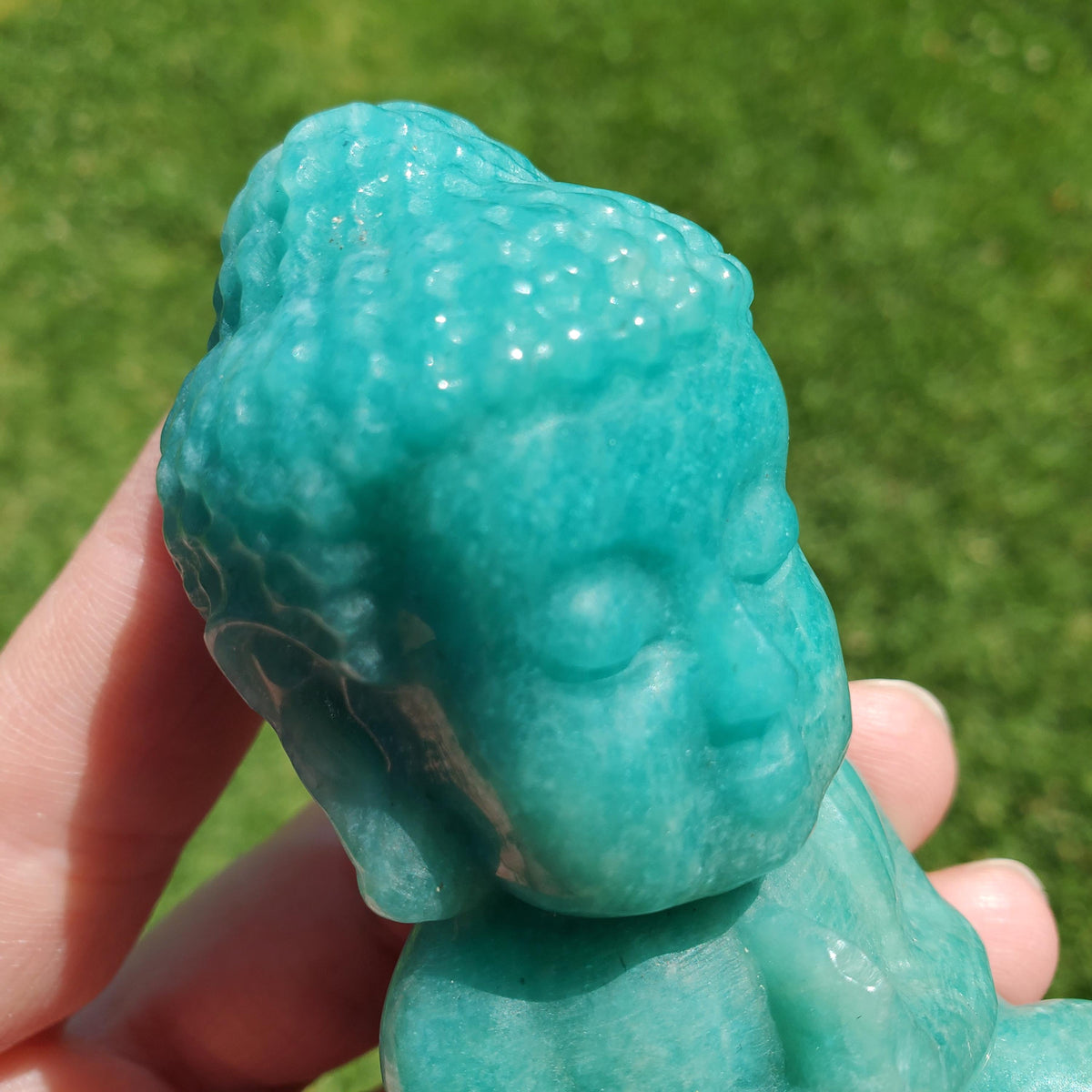 Chunky Amazonite Buddha 3.75" tall - Calming, Courage, Truth, Compassion, EMF Protection - Amazonite Stone Buddha Healing Crystals Gemstones