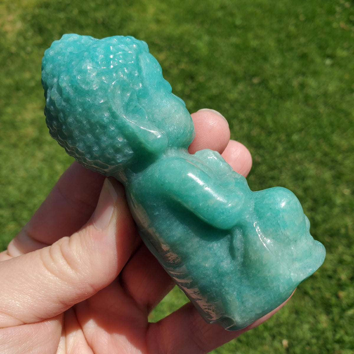 Chunky Amazonite Buddha 3.75" tall - Calming, Courage, Truth, Compassion, EMF Protection - Amazonite Stone Buddha Healing Crystals Gemstones