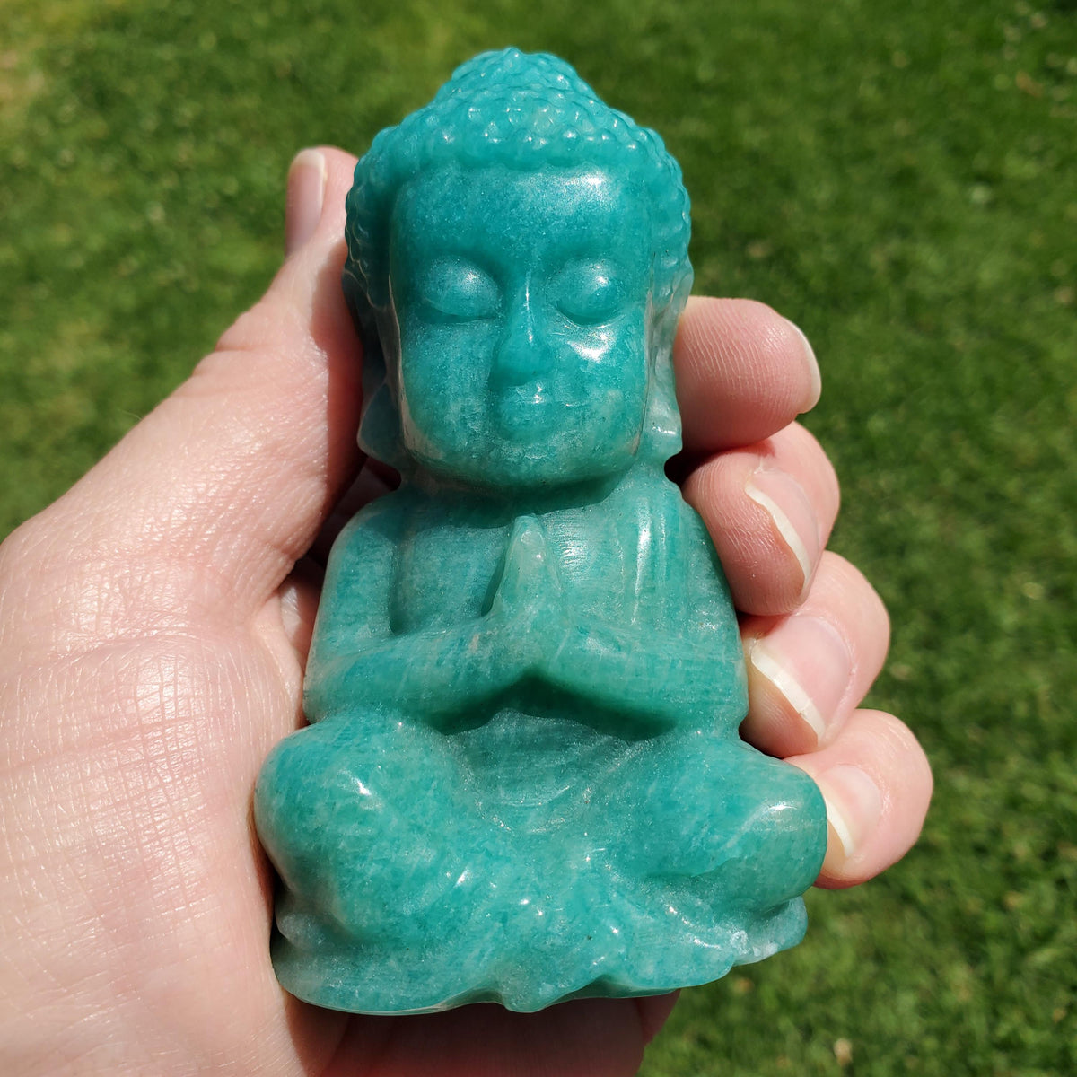 Chunky Amazonite Buddha 3.75" tall - Calming, Courage, Truth, Compassion, EMF Protection - Amazonite Stone Buddha Healing Crystals Gemstones