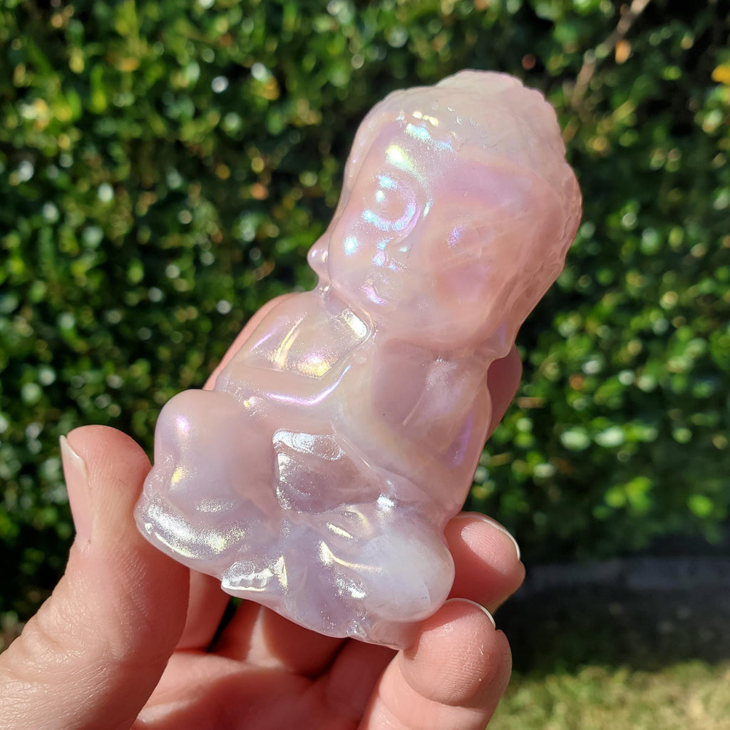 Aura Rose Quartz Buddha 3.15" - Unconditional Love, Compassion, Forgiveness - Pink Crystal Sitting Praying Buddha Healing Crystals Gemstones