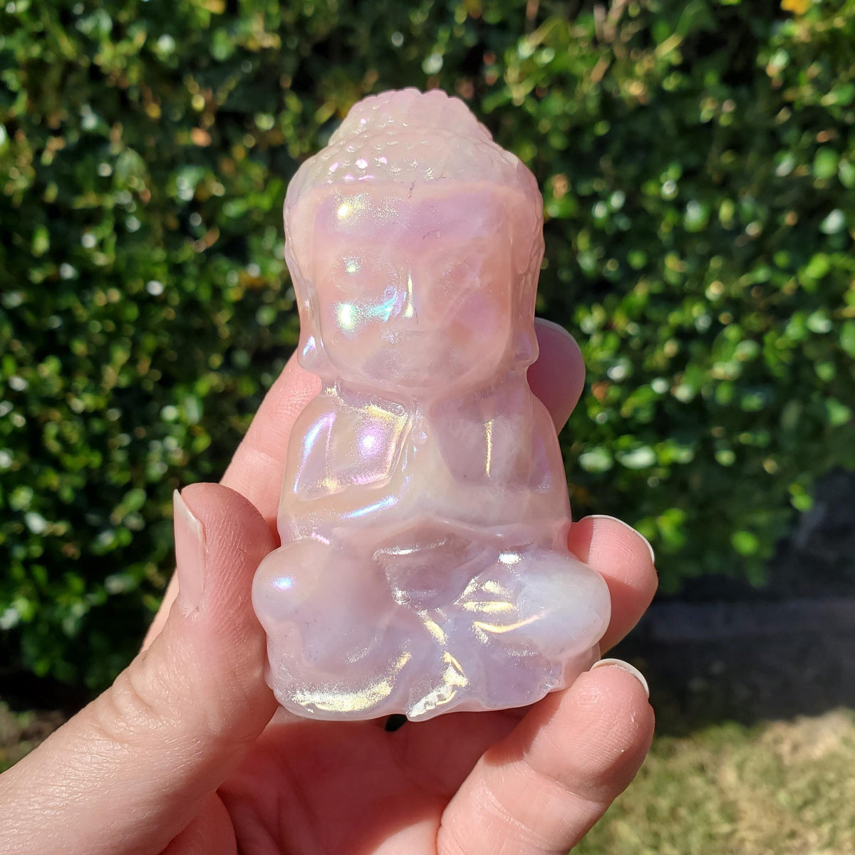 Aura Rose Quartz Buddha 3.15" - Unconditional Love, Compassion, Forgiveness - Pink Crystal Sitting Praying Buddha Healing Crystals Gemstones