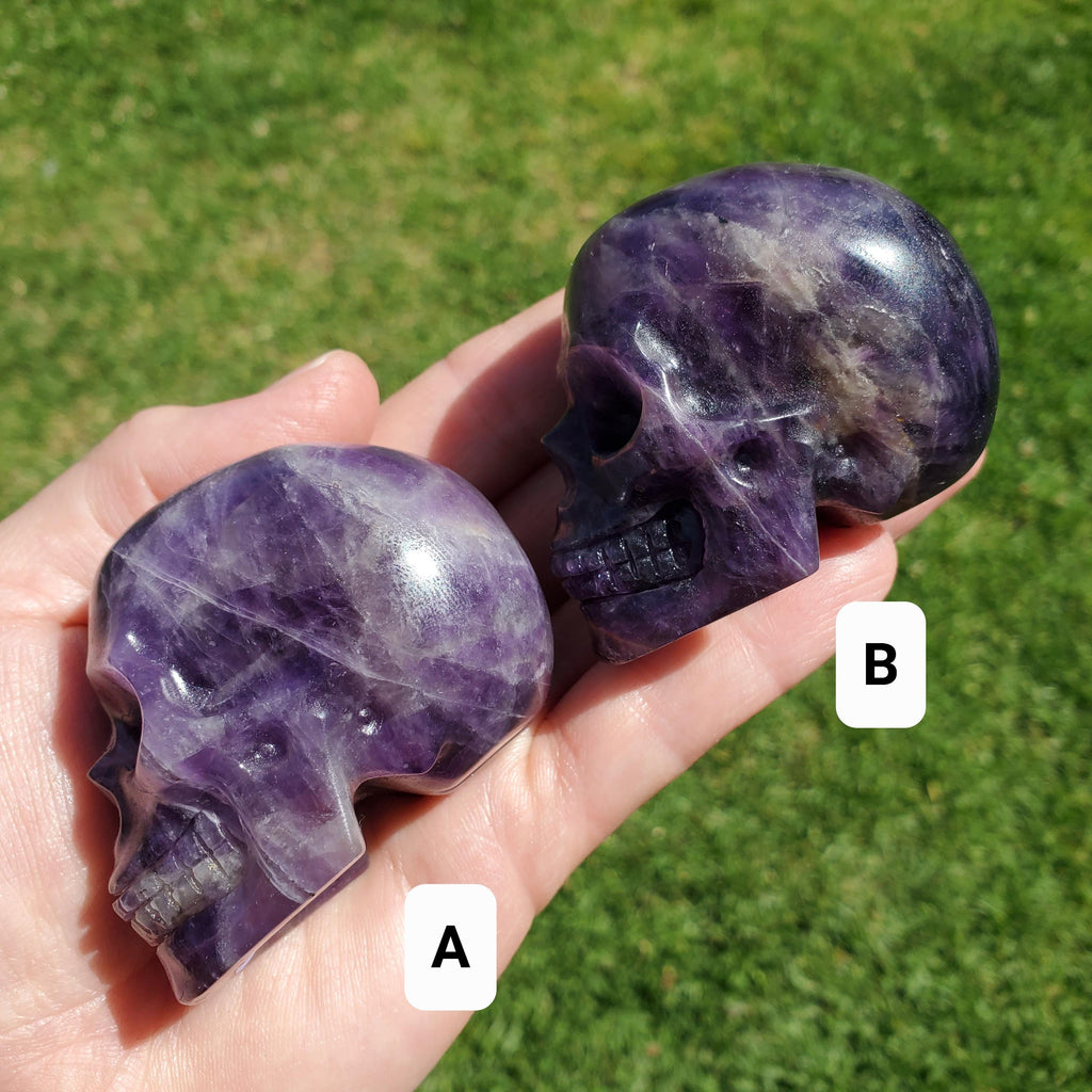 Cute Amethyst Skull 2.50" - Calming, Protection, Positivity - Purple Carved Skull Amethyst Crystal Healing Gemstones