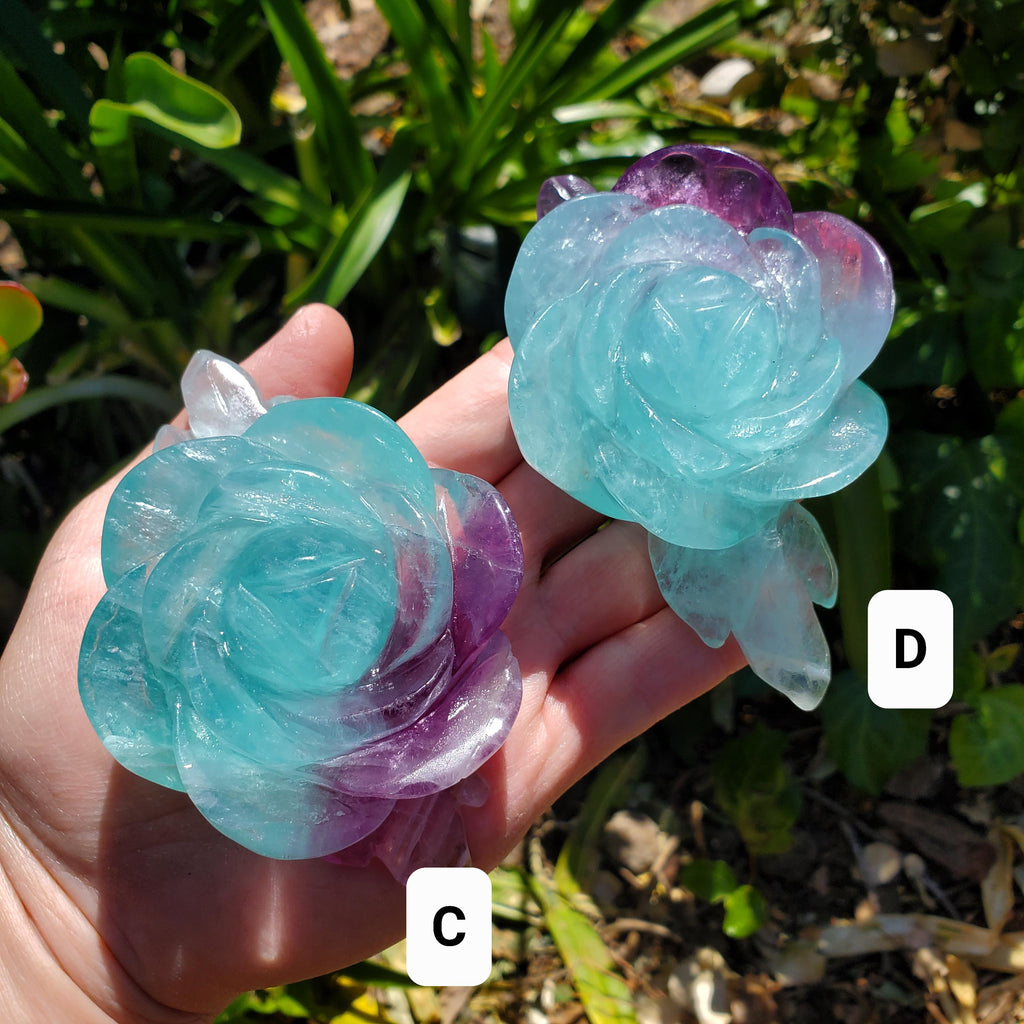 Rainbow Fluorite Rose on Gold Stand - Stability, Concentration, Mental Clarity, Energetic Protection - Flower Crystal Gemstones