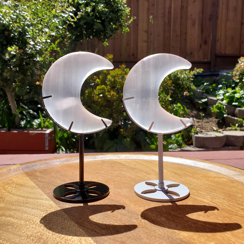 Selenite Moon on Stand - Tranquility, Blessings, Love & Light - Satin Spar Lunar Crystal Display Healing Gemstones