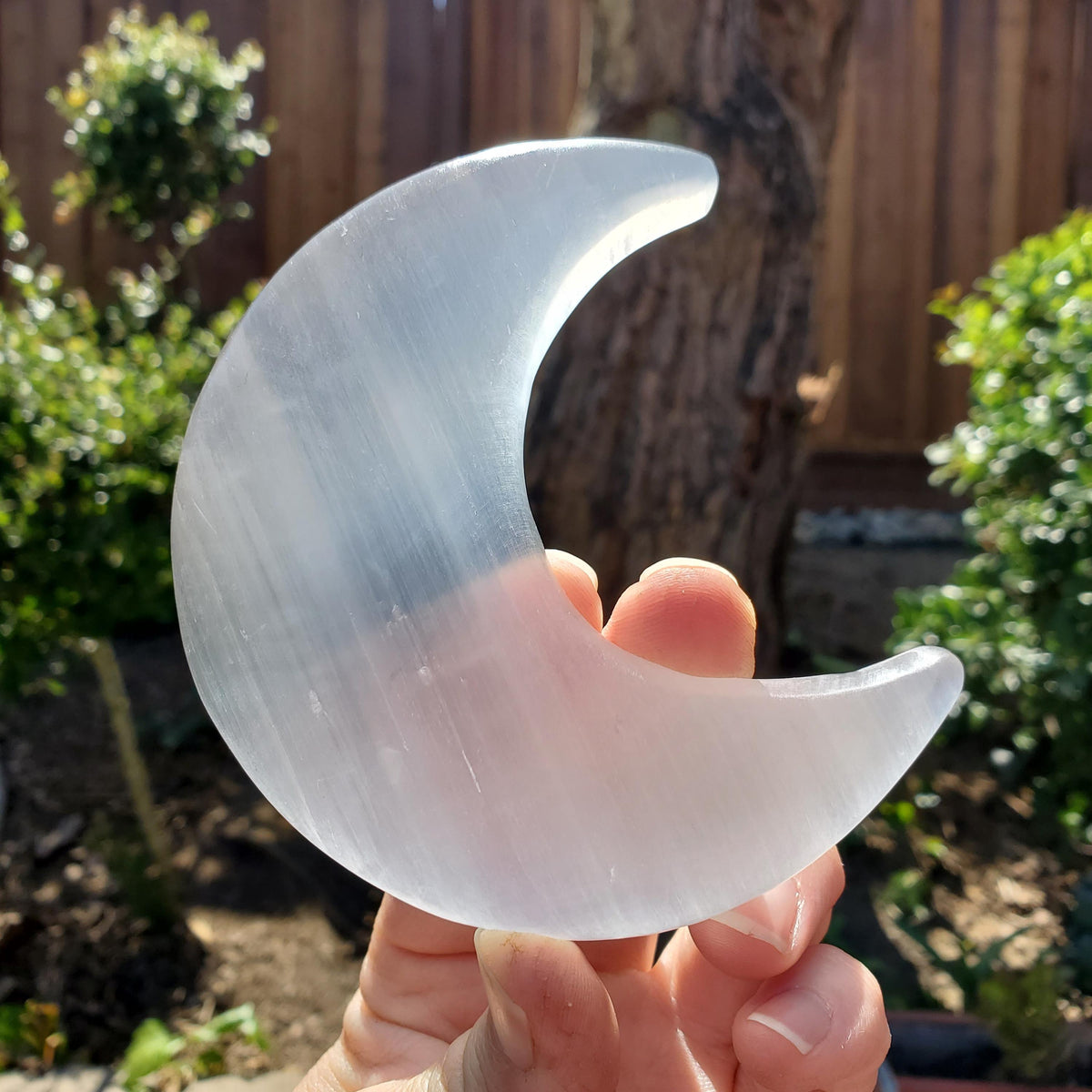 Selenite Moon on Stand - Tranquility, Blessings, Love & Light - Satin Spar Lunar Crystal Display Healing Gemstones