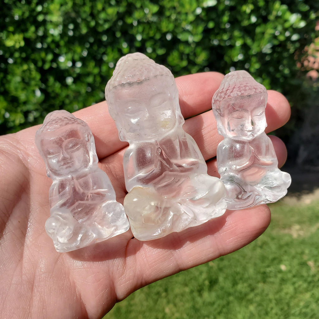 Clear Quartz Buddha 1.95" to 2.60" tall - Counteracts Negative, Energizes Positive Energy - Carved Buddha Stone Healing Crystals Gemstones