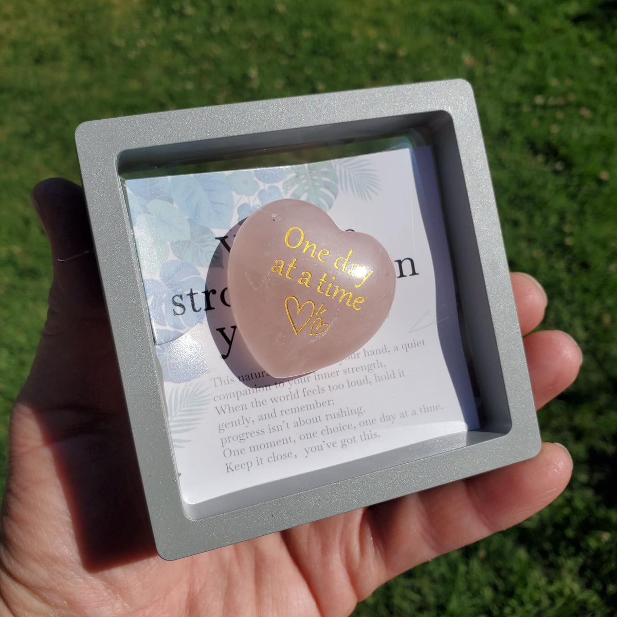 Rose Quartz Heart in Display Box + Motivational Note - "One Day at a Time" Pink Heart Crystal Gift - Unconditional Love & Compassion