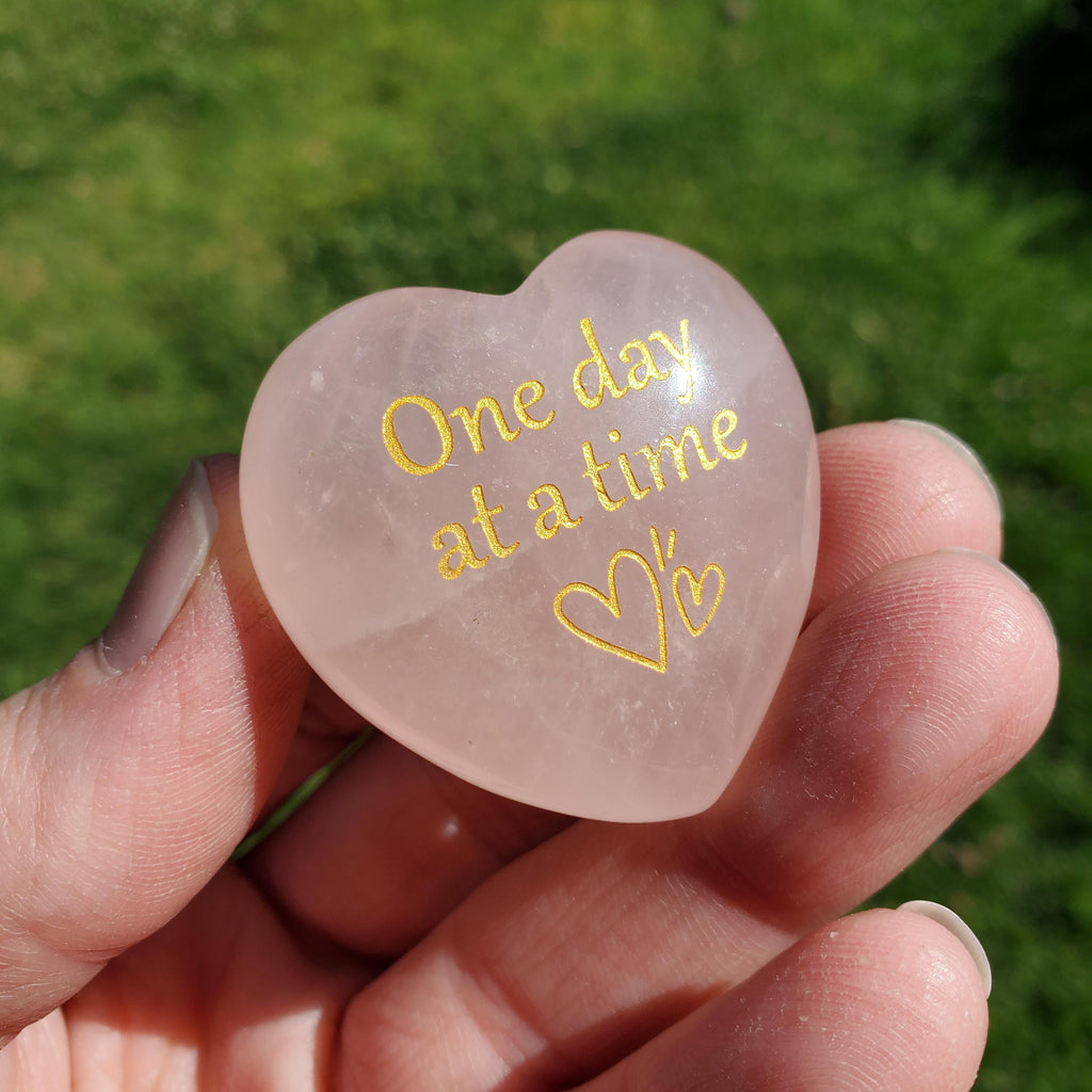 Rose Quartz Heart in Display Box + Motivational Note - "One Day at a Time" Pink Heart Crystal Gift - Unconditional Love & Compassion
