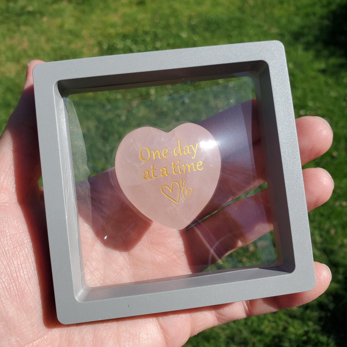 Rose Quartz Heart in Display Box + Motivational Note - "One Day at a Time" Pink Heart Crystal Gift - Unconditional Love & Compassion