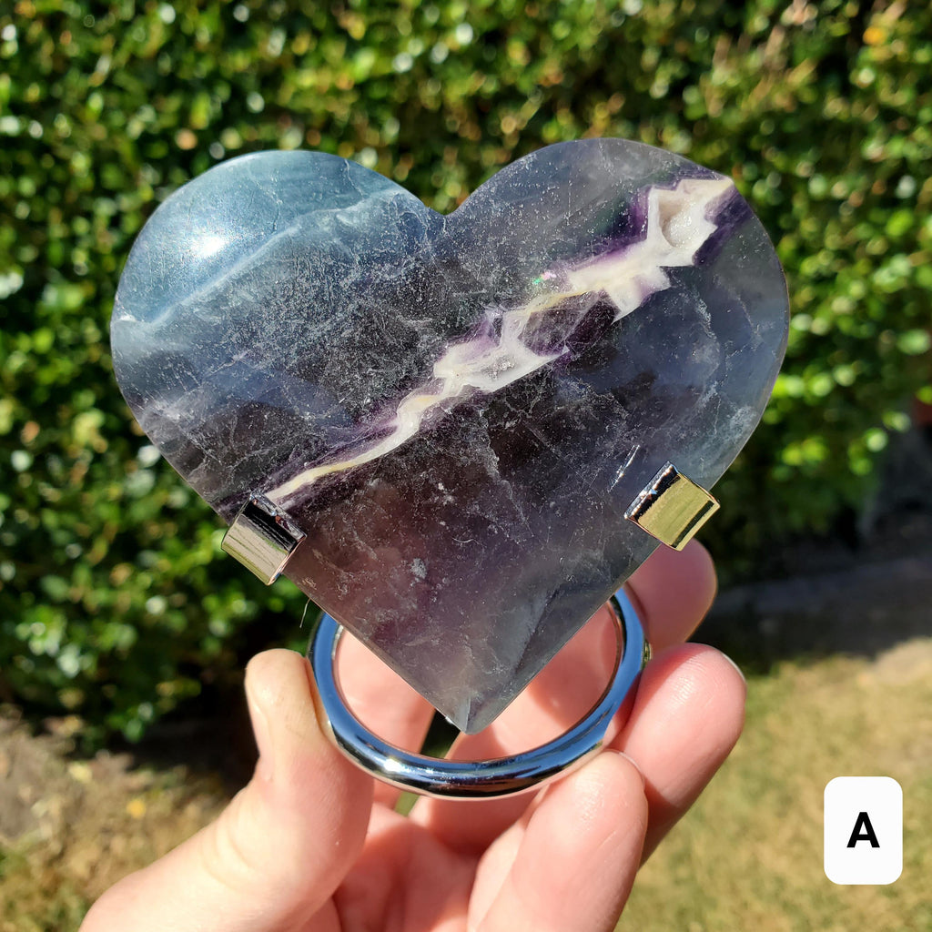 Rainbow Fluorite Heart with Rainbows, Druzy & Stand - Balancing, Protective, Grounding, Mental Clarity - Blue Crystal Heart Statement