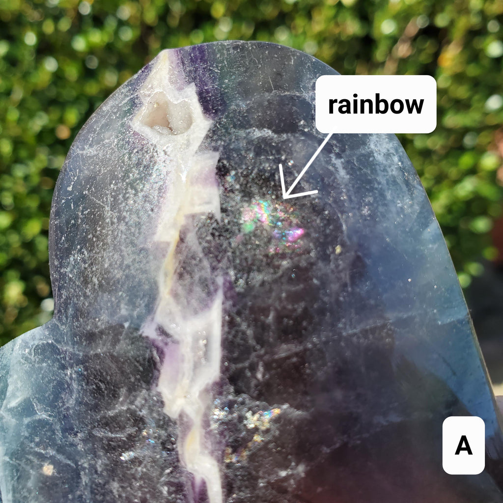 Rainbow Fluorite Heart with Rainbows, Druzy & Stand - Balancing, Protective, Grounding, Mental Clarity - Blue Crystal Heart Statement