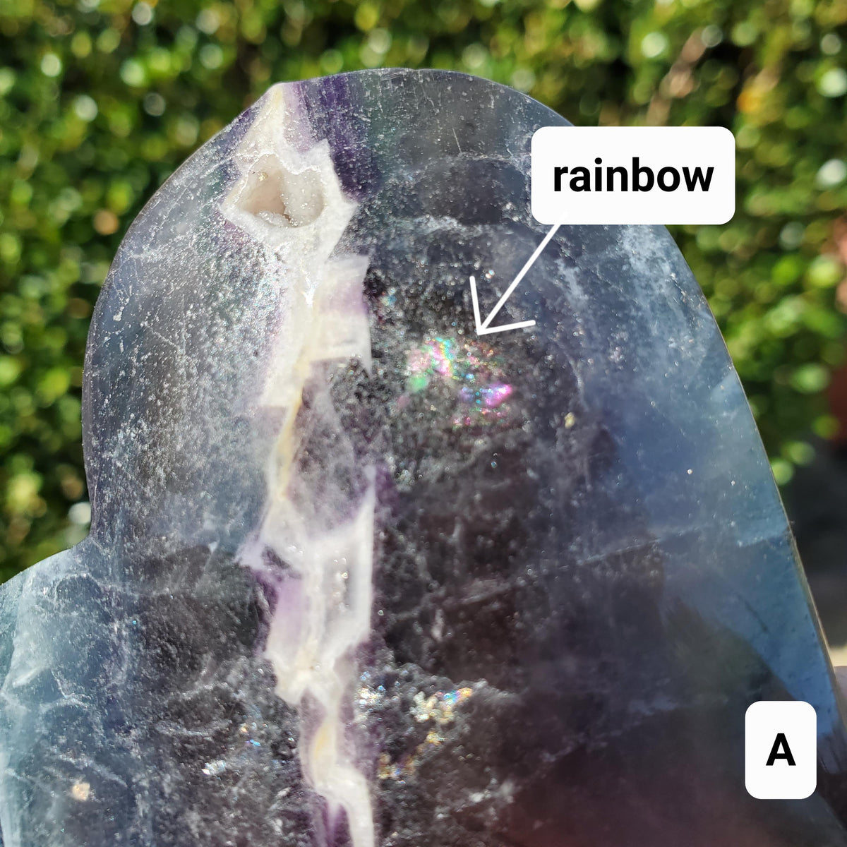 Rainbow Fluorite Heart with Rainbows, Druzy & Stand - Balancing, Protective, Grounding, Mental Clarity - Blue Crystal Heart Statement