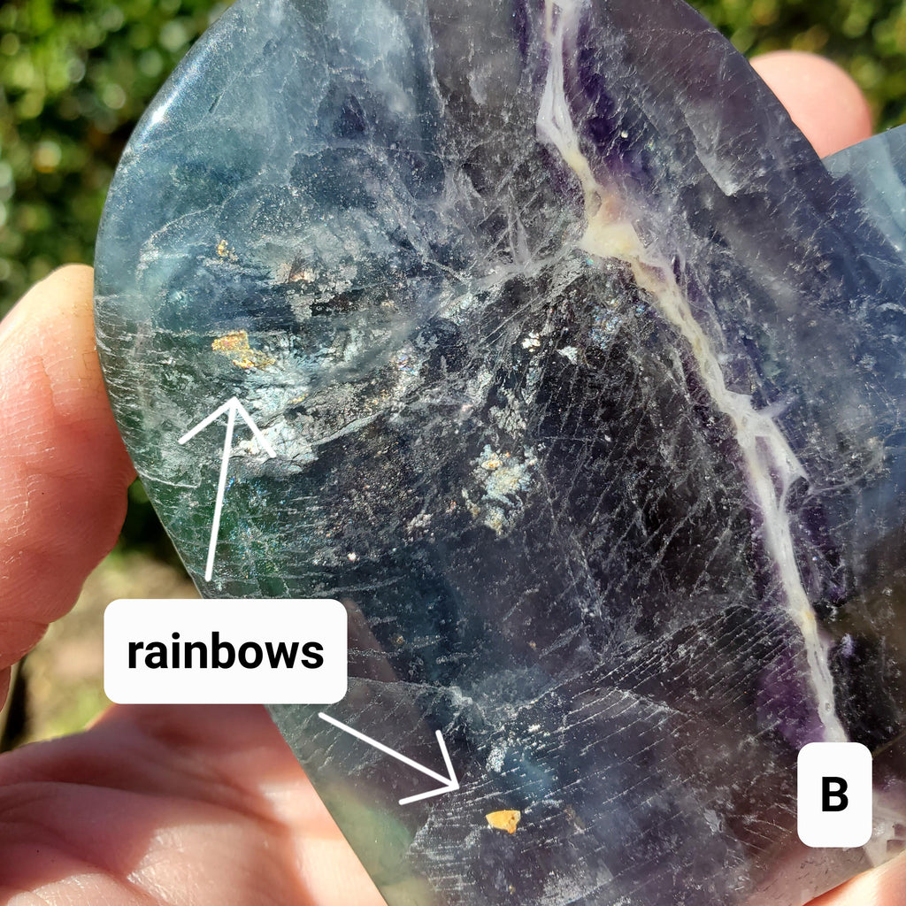 Rainbow Fluorite Heart with Rainbows, Druzy & Stand - Balancing, Protective, Grounding, Mental Clarity - Blue Crystal Heart Statement