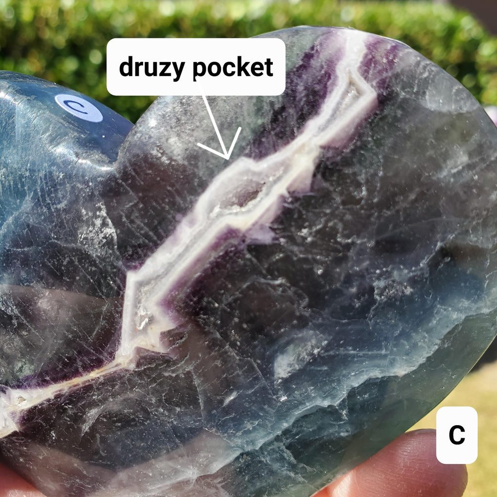 Rainbow Fluorite Heart with Rainbows, Druzy & Stand - Balancing, Protective, Grounding, Mental Clarity - Blue Crystal Heart Statement