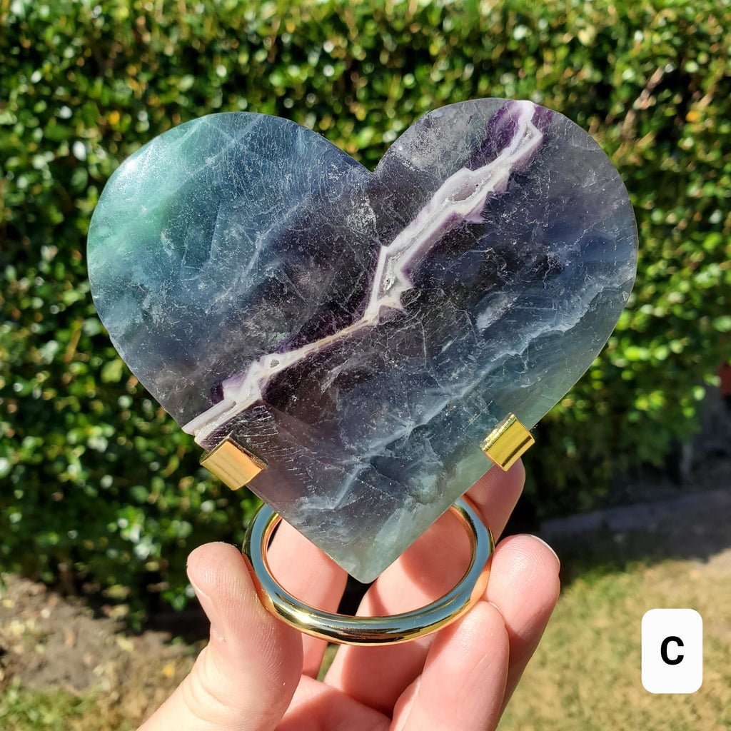 Rainbow Fluorite Heart with Rainbows, Druzy & Stand - Balancing, Protective, Grounding, Mental Clarity - Blue Crystal Heart Statement