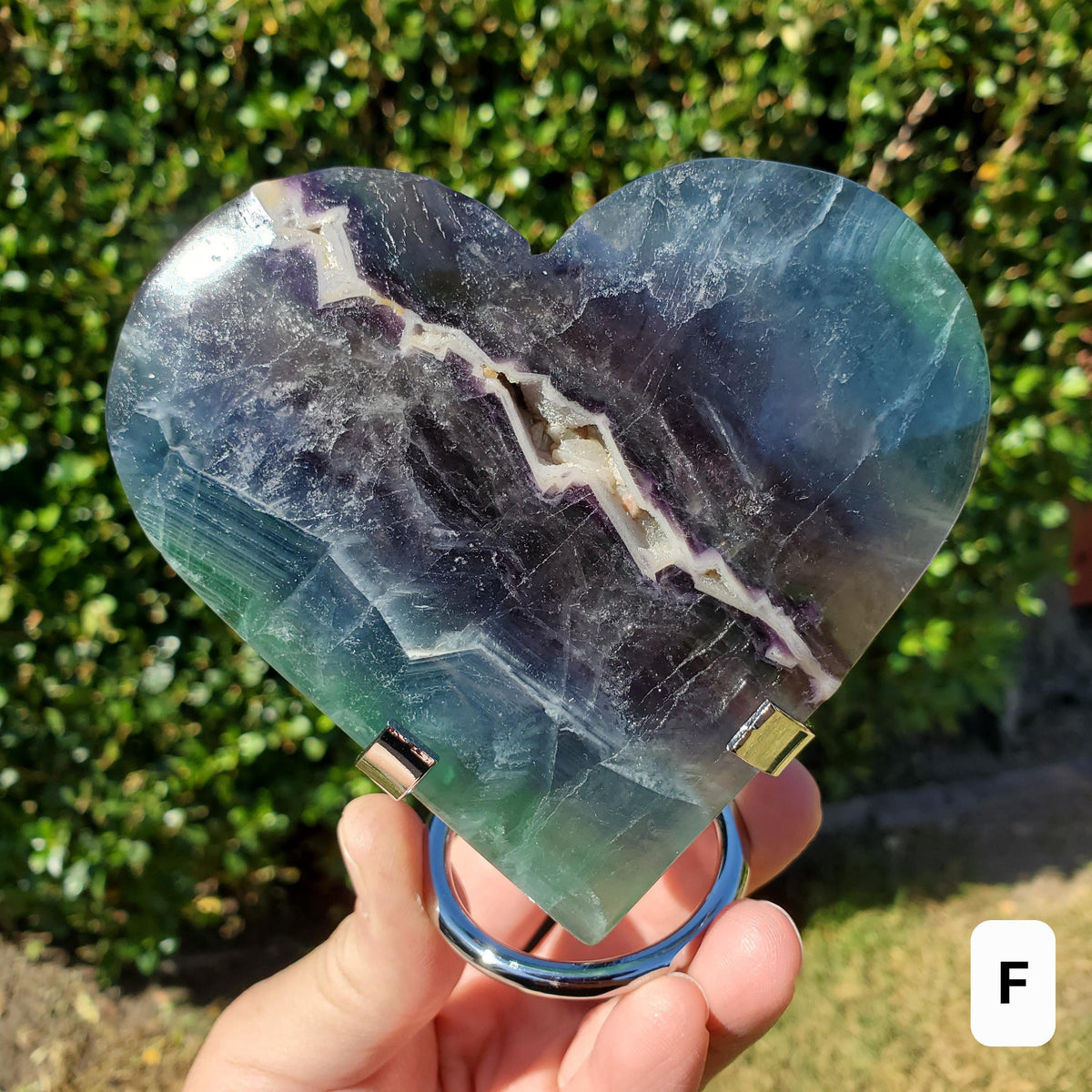 Rainbow Fluorite Heart with Rainbows, Druzy & Stand - Balancing, Protective, Grounding, Mental Clarity - Blue Crystal Heart Statement
