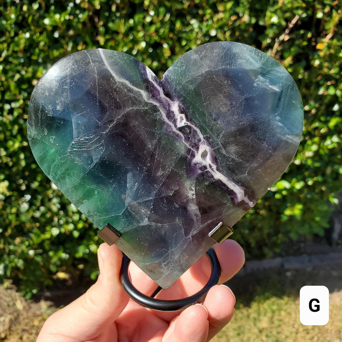 Rainbow Fluorite Heart with Rainbows, Druzy & Stand - Balancing, Protective, Grounding, Mental Clarity - Blue Crystal Heart Statement