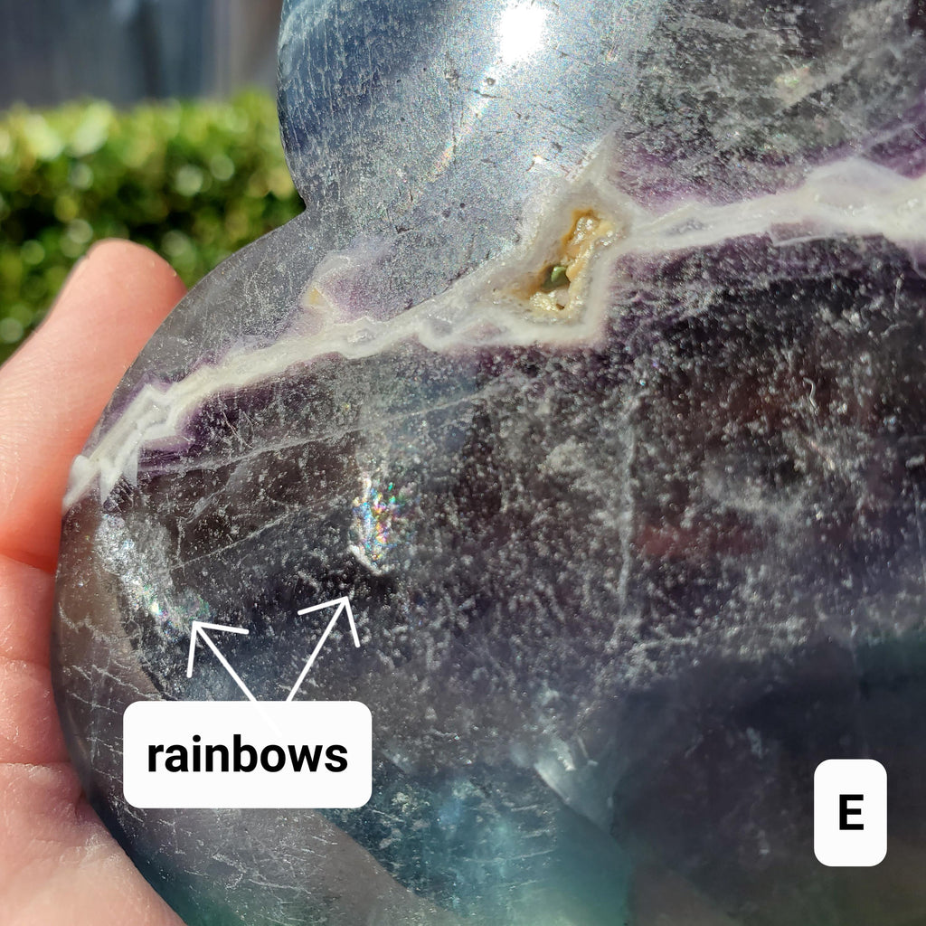 Rainbow Fluorite Heart with Rainbows, Druzy & Stand - Balancing, Protective, Grounding, Mental Clarity - Blue Crystal Heart Statement