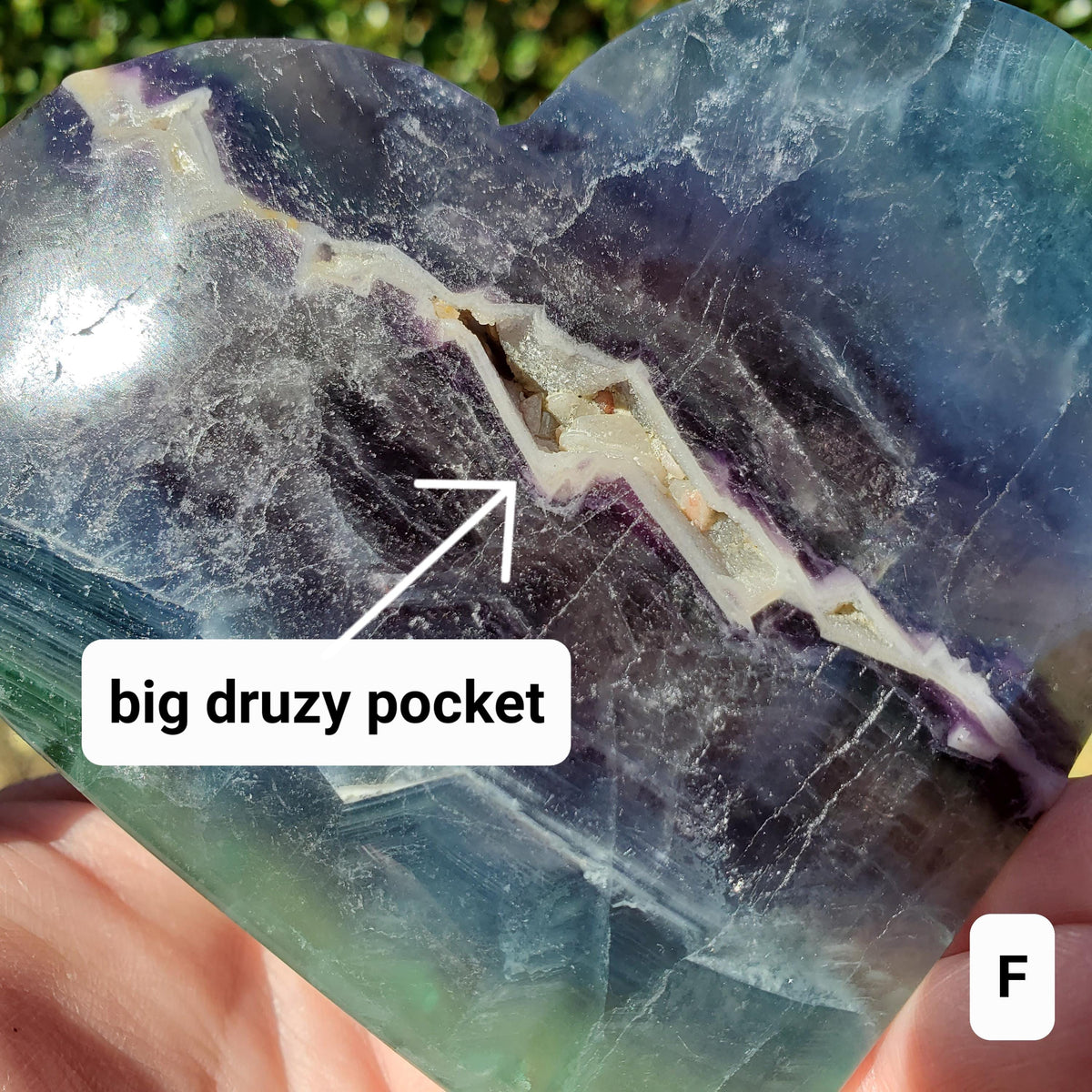 Rainbow Fluorite Heart with Rainbows, Druzy & Stand - Balancing, Protective, Grounding, Mental Clarity - Blue Crystal Heart Statement