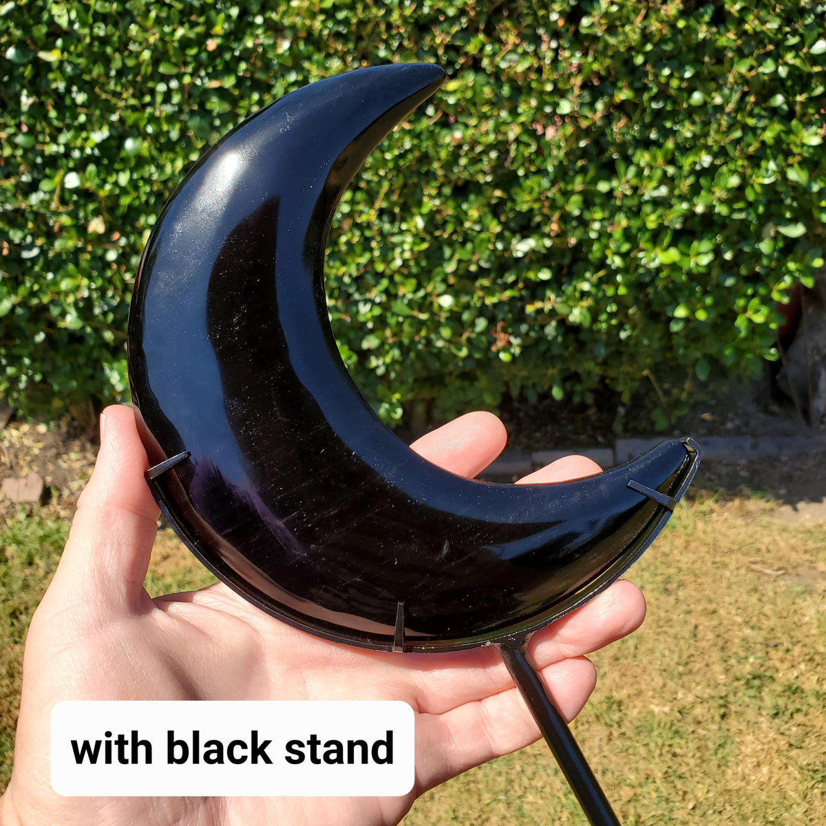 Big Obsidian Moon on Black Stand 11" tall - Self Reflection, Release Negative Energies - Black Moon Witchy Decor Statement Piece