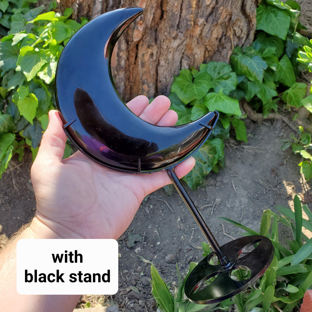 Big Obsidian Moon on Black Stand 11" tall - Self Reflection, Release Negative Energies - Black Moon Witchy Decor Statement Piece