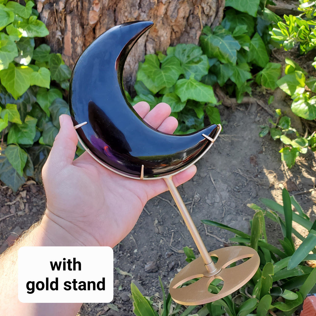 Big Obsidian Moon on Black Stand 11" tall - Self Reflection, Release Negative Energies - Black Moon Witchy Decor Statement Piece